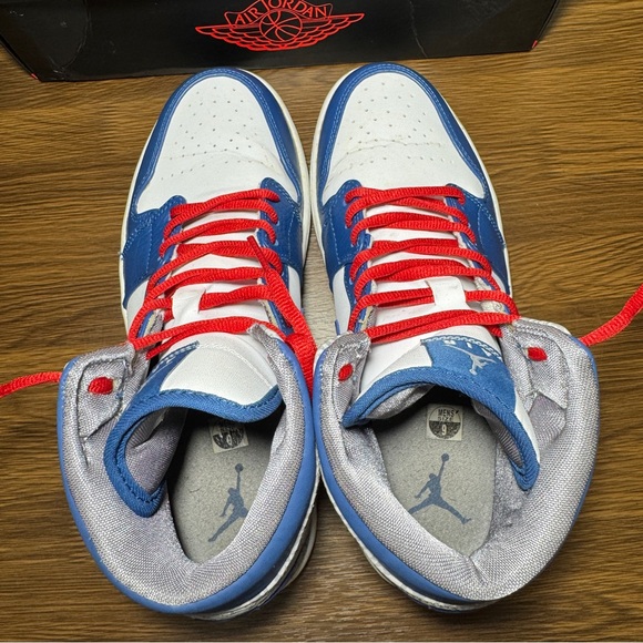 Nike Air Jordan 1 Mid Size 9 Men Shoes 554724 107 White/Fire Red-TR BL-CMNT GRY - Picture 3 of 11